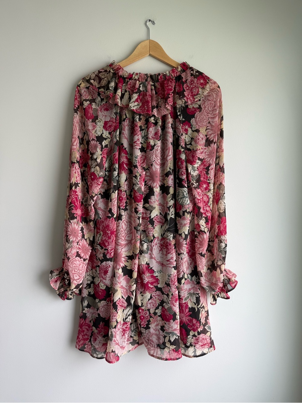 House of Harlow 1960 Floral Ruffle Long Sleeve Mini Dress Large Boho - Picture 2 of 7